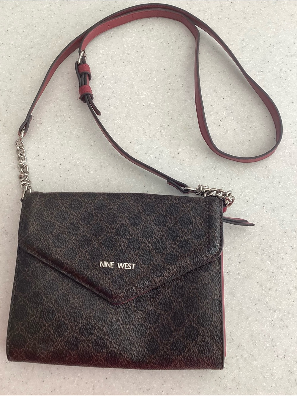 Nine West Brown Monogram Crossbody Purse | Burgundy Trim | Adjustable Strap